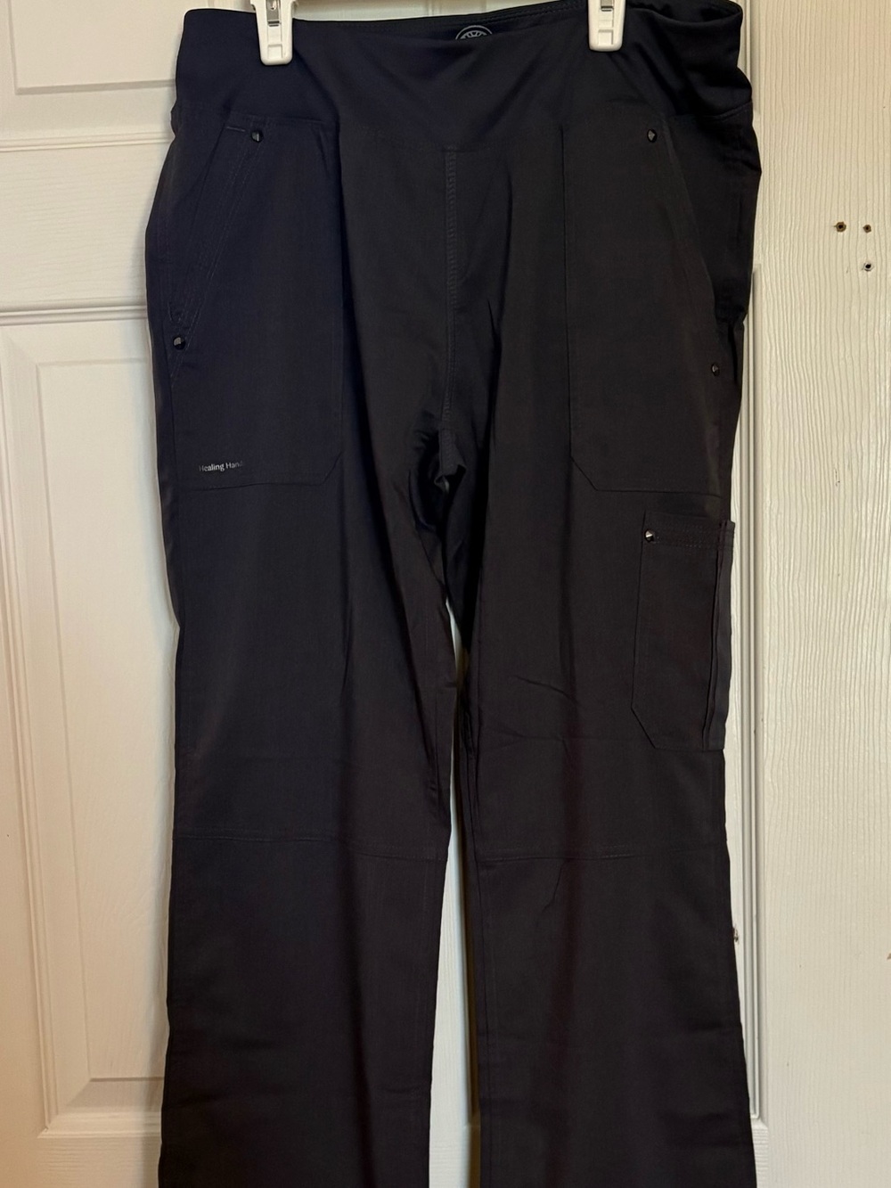 Charcoal, Grey Healing Hands, scrub pants with soft elastic waist.